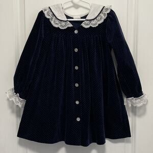 Vintage Bryan Navy Polka Dot Cottage Core Lace Dress Made In USA Size 4